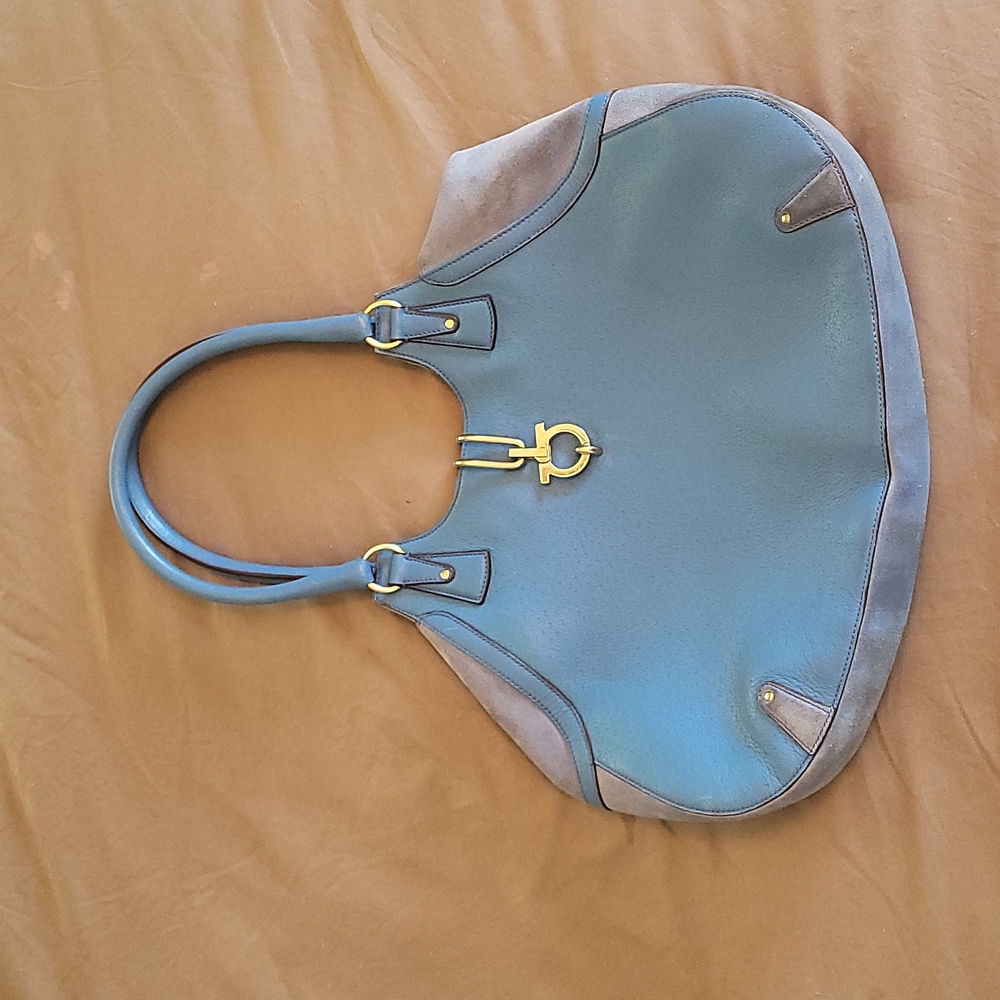 Moving sale!Salvatore Ferragamo gancini blue leather and suede shoulder hobo